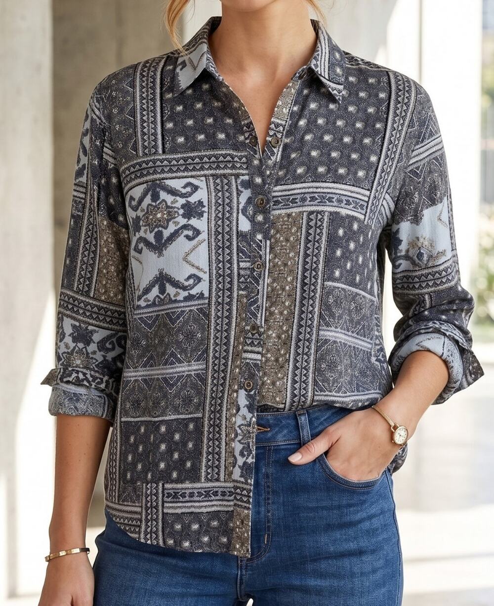 Mystree Small Blue Gray Pattern Button Front Womens Shirt 100% Rayon